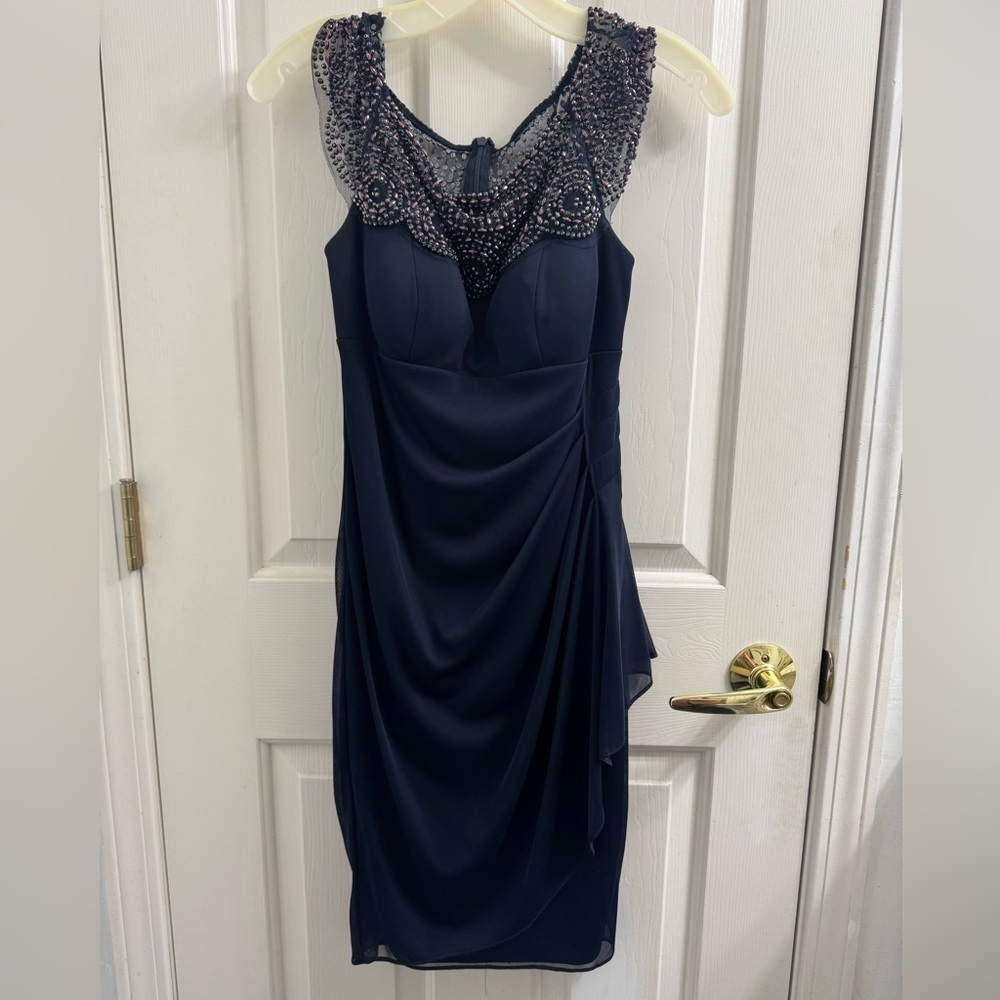 Xscape Navy Dress with Beaded Shoulders